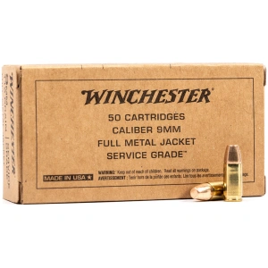 Winchester Service Grade Full Metal Jacket 9mm Ammo 115gr 50 Round Box – Brass Casing