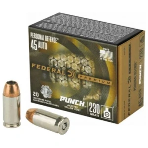 Federal Premium Personal Defense Punch Jacketed Hollow Point 45 ACP Ammo 230gr 20 Round Box – Brass Casing