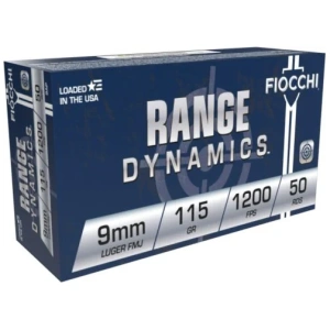 Fiocchi Pistol Shooting Dynamics Full Metal Jacket 9mm Ammo 115 gr 50 Round Box – Brass Casing