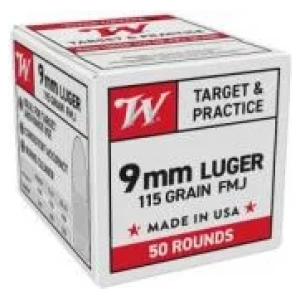 Winchester USA Target & Practice 9mm Ammo 115gr FMJ 50rd box – Brass Casing