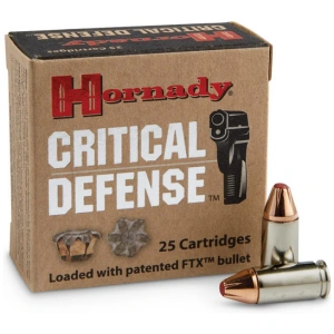 Hornady Critical Defense FTX 9mm Ammo 115 gr 25 Round Box – Nickel Plated Brass Casing