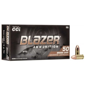 CCI Blazer Brass Full Metal Jacket 9mm Ammo 115 gr 50 Round Box – Brass Casing