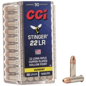 CCI Stinger Copper Plated Hollow Point 22 Long Rifle Ammo 50 Round Box – Brass Casing