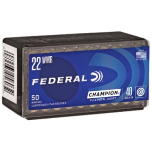 Federal Champion Training Ammo 22 WMR 40gr Full Metal Jacket 50 Round Box – Brass Casing