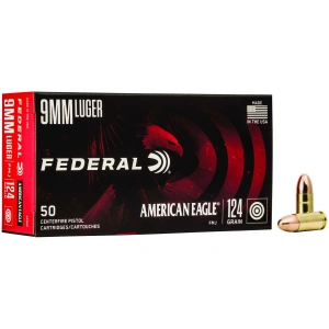 Federal American Eagle Full Metal Jacket 9mm Ammo 124 gr 50 Round Box – Brass Casing