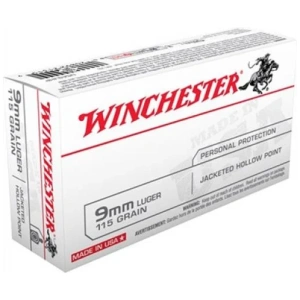 Winchester Jacketed Hollow Point 9mm Ammo 115 gr 50 Round Box – Brass Casing