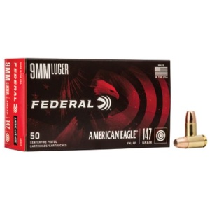 Federal American Eagle Full Metal Jacket 9mm Ammo 147 gr 50 Round Box – Brass Casing