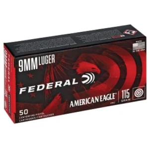 Federal American Eagle Full Metal Jacket 9mm Ammo 115 gr 50 Round Box – Brass Casing