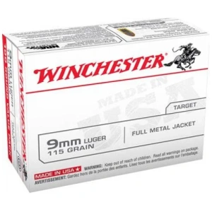 Winchester USA Full Metal Jacket 9mm Ammo 115 gr 100 Round Box – Brass Casing