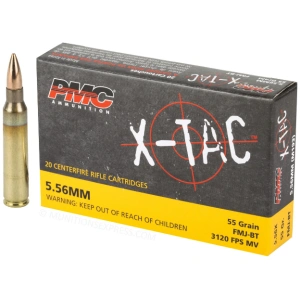 PMC X-TAC Ammo Full Metal Jacket Boat Tail 5.56 NATO 55gr 20 Round Box – Brass Casing