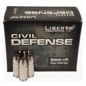 Liberty Civil Defense Hollow Point 9mm +P Ammo 50 gr 20 Round Box – Nickel Plated Brass Casing