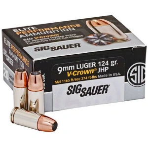 Sig Sauer Elite V-Crown Jacketed Hollow Point 9mm Ammo 124 gr 20 Round Box – Brass Casing